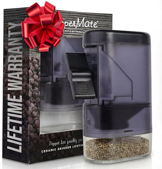 PepperMate Pepper Mill - Manual, High-Efficiency Salt and Pepper Grinder Set - Durable, Adjustable Coarseness - Easy to Use (Transparent Black)
