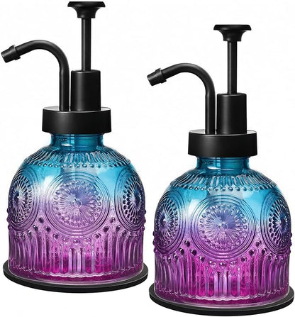 SheeChung Vintage Soap Dispenser, Kitchen Dish Soap Dispensers with Pump Mat, Glass Hand Soap Dispenser for Bathroom, Liquid, Lotion, Refillable, Rustic Farmhouse Decor-Purple Blue (Black Pump, 2 pk)