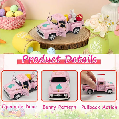Pink Easter Decorations - Mini Farmhouse Vintage Metal Truck with Easter Eggs & Bunny, Pink Spring Farm-Style Pickup Decor for Table Tiered Tray Home Kitchen Office Keepsake Gifts