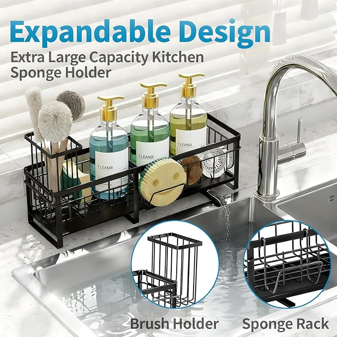 Aurblozen Extra Large Extendable Sponge Holder for Kitchen Sink, Rustproof Sink Caddy Organizer with High Brush Holder, Dish Soap Dispenser Organizers and Storage (Black) - Image 4