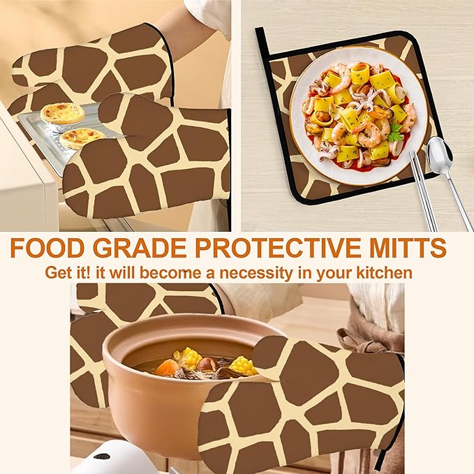 Giraffe Oven Mitts with Matching Potholders - Heat Resistant Kitchen Accessories for Baking, Grilling, Cooking, Gifts for Women