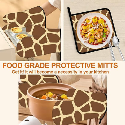 Giraffe Oven Mitts with Matching Potholders - Heat Resistant Kitchen Accessories for Baking, Grilling, Cooking, Gifts for Women
