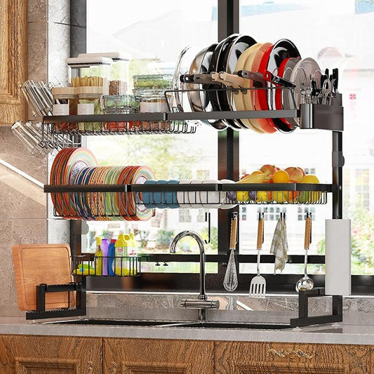 ADBIU Over Sink Dish Drying Rack (Expandable Height/Length) Snap-On Design Large Dish Drainer Storage Counter Organizer 32-40L x 12W x 34-38H (inches) by ADBIU
