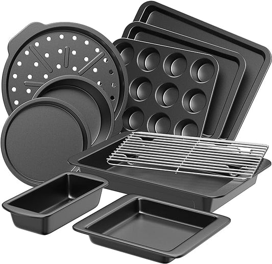 HONGBAKE Bakeware Sets, Baking Pans Set, Nonstick Oven Pan for Kitchen with Wider Grips, 10 Pieces Including Rack, Cookie Sheet, Cake Pans, Loaf Pan, Muffin Pan, Pizza Pan - Grey by HONGBAKE