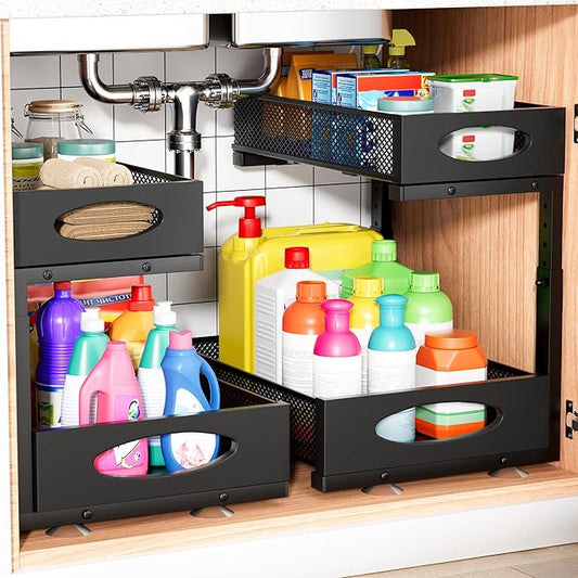 Under Sink Organizer, 2 Packs 2 Tier Under Sink Organizers and Storage, Slide Out Pull Out Cabinet Organizer Shelf, Metal Sliding Drawer for Kitchen Bathroom Pantry Cabinet Closet Organization Rack