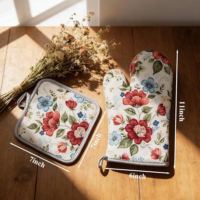Floral Oven Mitts and Pot Holders Sets 2 Pcs, Canvas Heat Resistant Kitchen Mittens with Hot Pads, Vintage Farmhouse Country Decor, Non-Slip Cooking Baking Grilling Gifts for Women Mom (Flower3)