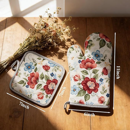 Floral Oven Mitts and Pot Holders Sets 2 Pcs, Canvas Heat Resistant Kitchen Mittens with Hot Pads, Vintage Farmhouse Country Decor, Non-Slip Cooking Baking Grilling Gifts for Women Mom (Flower3)