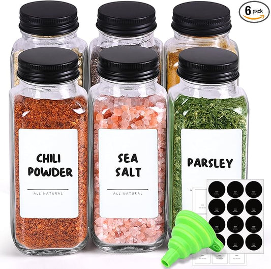 ComSaf Large Spice Jars, 6Pcs 8 oz glass spice bottle with lids, Empty Spice Containers and Square Spice Bottles, Trial Set & Supplement Set for Kitchen and Seasoning by ComSaf