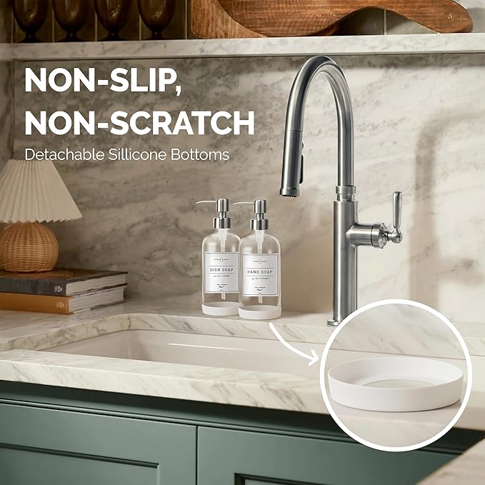 Vine Creations Clear Glass Soap Dispenser, 2 Pack Kitchen Soap Dispenser Set with Stainless Steel Pump, 16 oz Hand Soap or Dish Soap for Bathroom or Kitchen with Waterproof Labels - Image 3