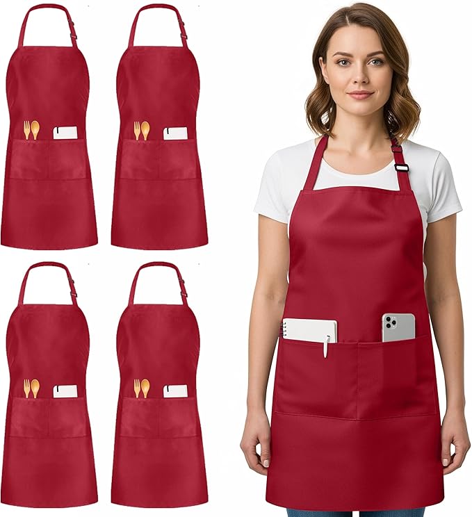 Utopia Kitchen 4 Pack Bib Apron Adjustable with 2 Pockets, Water and Oil Resistant, Cooking Kitchen Chef Apron for Women Men by UTOPIAKITCHEN