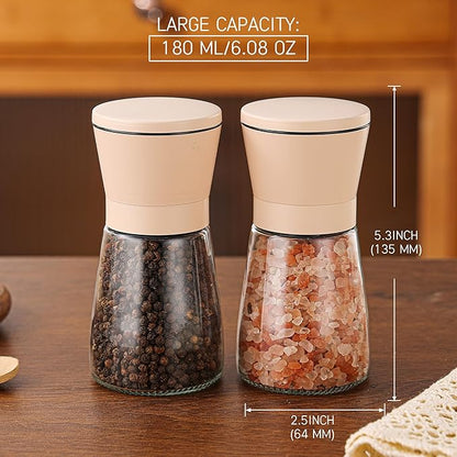 DAVIMADE Original Beige Salt and Pepper Grinder Set of 2 - Adjustable Ceramic Grinder - Glass Salt and Pepper Shakers W/Funnel - Spice Mill - Beige Kitchen Accessories