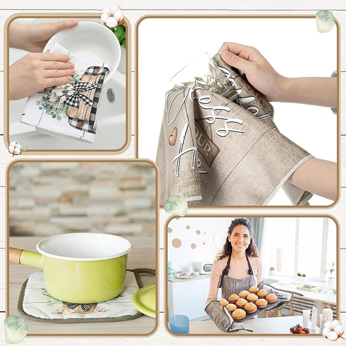 Fourluoo 10 Pcs Flower Basket Farmhouse Kitchen Decor Set Dish Towels Kitchen Rugs Oven Mitts and Pot Holders Set for Cooking Baking Grilling Women Mom Daughter Gift(Spring Color)
