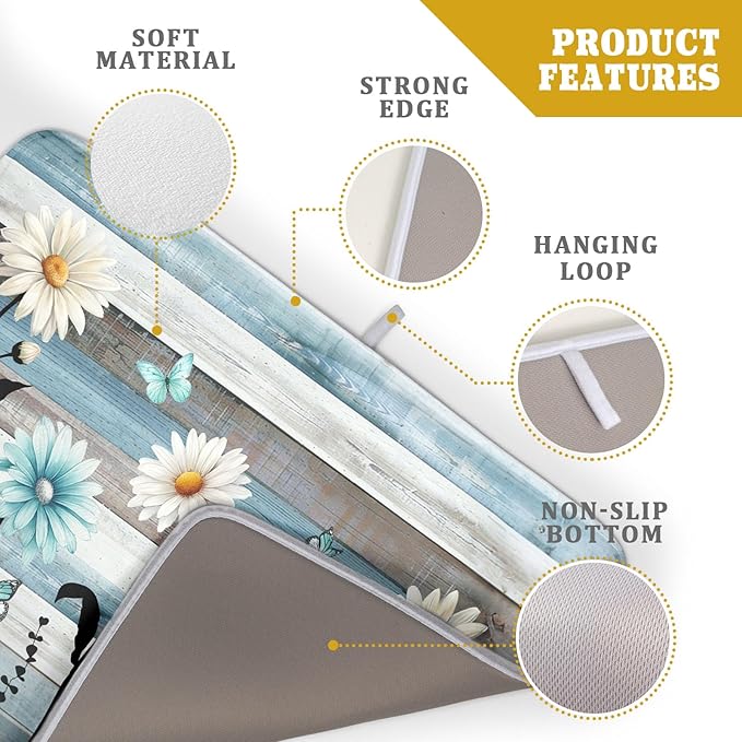 Blue White Daisy Floral Dish Drying Mat for Kitchen Counter,Sprinng Rustic Wood Drying Mat 18 x 24 Inch with Absorbent Reversible Microfiber Drying Pad for Coffee Bar - Image 4