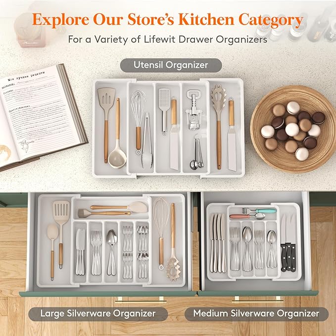 Lifewit Silverware Drawer Organizer, Expandable Utensil Tray for Kitchen, BPA Free Flatware and Cutlery Holder, Adjustable Plastic Storage for Spoons Forks Knives, 8.9-14.7 x 12.2", White - Image 4