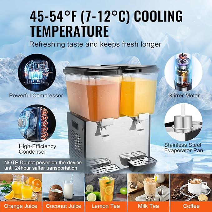VEVOR Commercial Beverage Dispenser, 2 Tanks 18 L / 19 QT Per Tank Juice Dispenser, 370W Stainless Steel Ice Tea Drink Machine with 45°F-54°F Cooling Temperature, for Cold Drink Restaurant Bar Party - Image 3