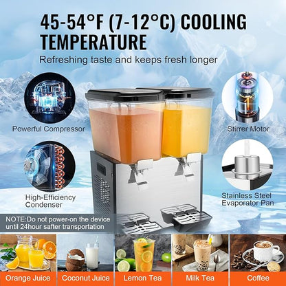 VEVOR Commercial Beverage Dispenser, 2 Tanks 18 L / 19 QT Per Tank Juice Dispenser, 370W Stainless Steel Ice Tea Drink Machine with 45°F-54°F Cooling Temperature, for Cold Drink Restaurant Bar Party - Image 3
