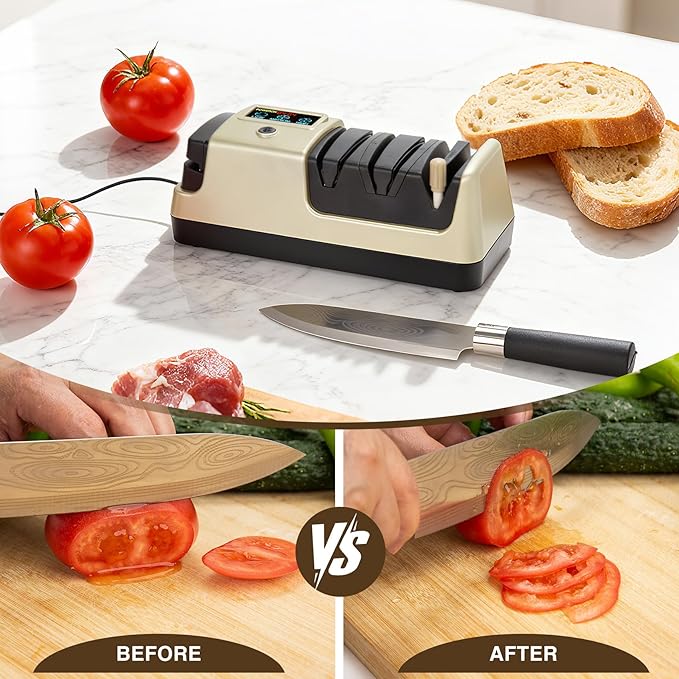 Light Blonde 5 in 1 Electric Knife Sharpener with LCD Screen for Kitchen Knives, 3 Rotational Speed Electric kitchen Knife Sharpener for Straight,Serrated, Ceramic Knives,Scissors & Axes - Image 4