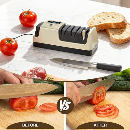 Light Blonde 5 in 1 Electric Knife Sharpener with LCD Screen for Kitchen Knives, 3 Rotational Speed Electric kitchen Knife Sharpener for Straight,Serrated, Ceramic Knives,Scissors & Axes - Image 4