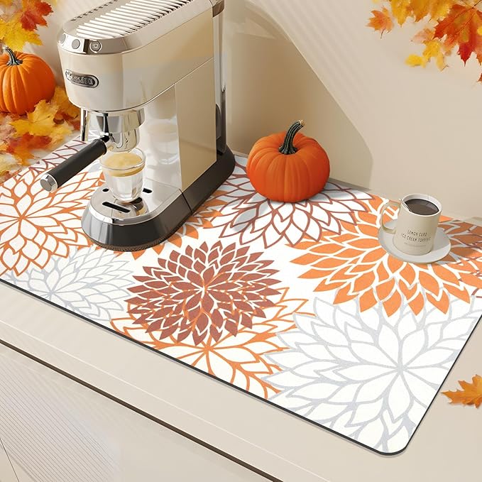 Findosom 2PCS 12" x 20" Fall Dish Drying Mat & 24" x 5.5" Sink Splash Guard, Super Absorbent & Cuttable Dish Mat Drying Kitchen Mat with Orange Floral, Hide Stain Drying Mat for Kitchen Counter - Image 5
