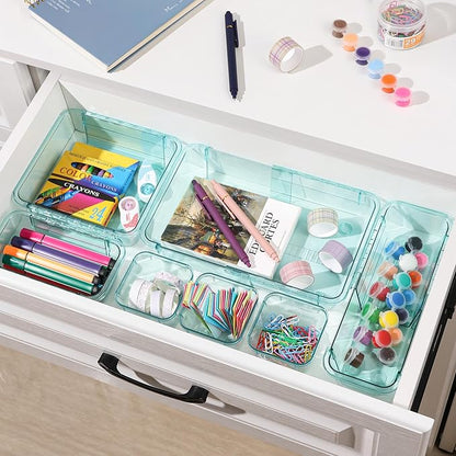 20 Pcs Clear Drawer Organizer, Adjustable Drawer Storage Box, 3-Size Desk Drawer Organizer, Acrylic Storage Bins for Makeup, Kitchen Utensils, Bedroom Dressers Tool Organizer for Gadgets, Blue