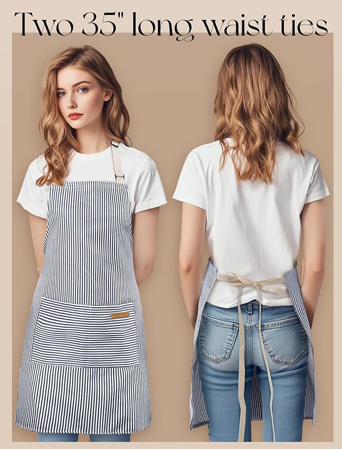 Cardkiss 2 Pack Kitchen Cooking Aprons, Soft Aprons for Women Men with 2 Pockets Chef Apron with Adjustable Neck Strap and Long Tie - Image 4