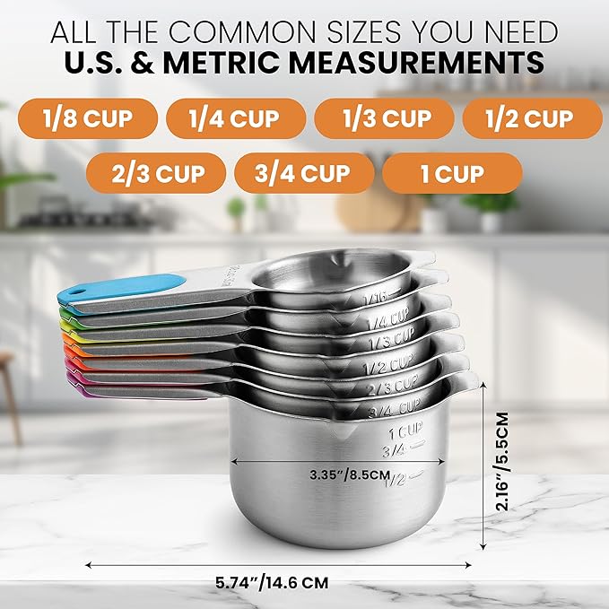 Spring Chef Magnetic Stainless Steel Measuring Cups, Patented, Kitchen Tools with Easy to Read Markings for Measuring Dry or Liquid Ingredients, Set of 7, Neon - Image 3
