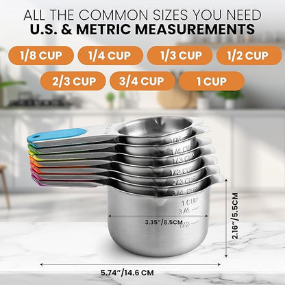 Spring Chef Magnetic Stainless Steel Measuring Cups, Patented, Kitchen Tools with Easy to Read Markings for Measuring Dry or Liquid Ingredients, Set of 7, Neon - Image 3