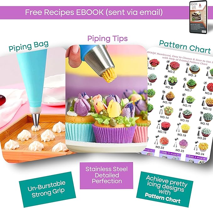 RFAQK 230PCs Cake Decorating Supplies Kit, Cake Decorating Set with Cake Turntable, Piping Bags and Tips, Modeling Tools, Cookie Plunger Cutters, Icing Smoother & Other Accessories for Cake Decoration - Image 7