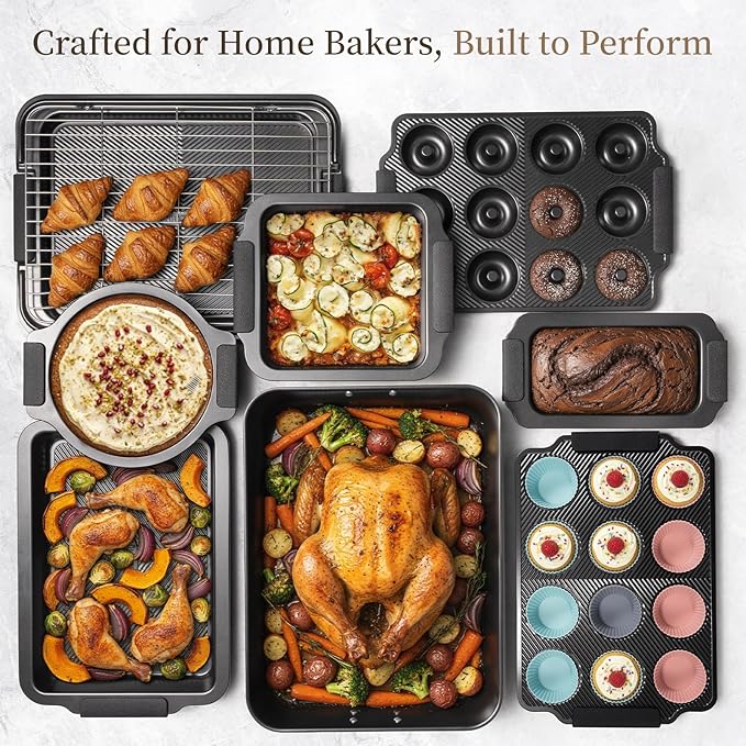 Kikcoin 25 PCS Stackable Baking Pans Set, Non-stick Bakeware Sets with Silicone Handles, 450°F Oven Safe Cookie Sheets for Baking, Easy Release Heavy-duty Baking Sheets Non Stick, Black - Image 7