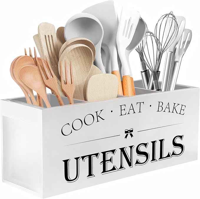 Suli Extra Large Kitchen Utensils Holder with 4 Compartments, Wooden Utensil Organizer for Countertop, Farmhouse Kitchen Decor, Rustic Cooking Utensil - White by Suli