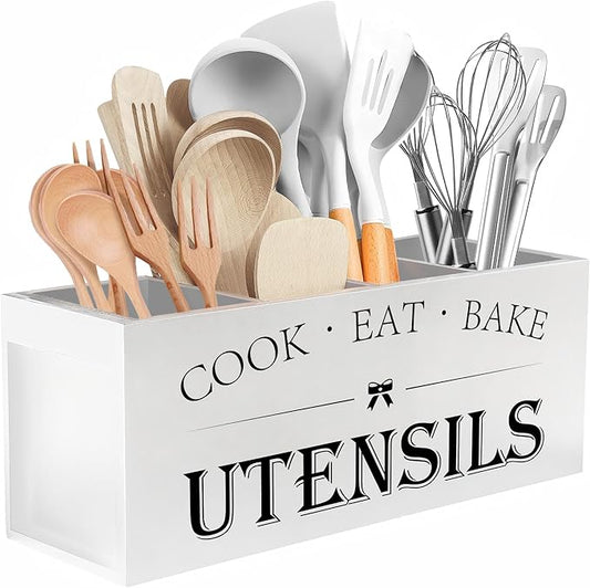 Suli Extra Large Kitchen Utensils Holder with 4 Compartments, Wooden Utensil Organizer for Countertop, Farmhouse Kitchen Decor, Rustic Cooking Utensil - White by Suli