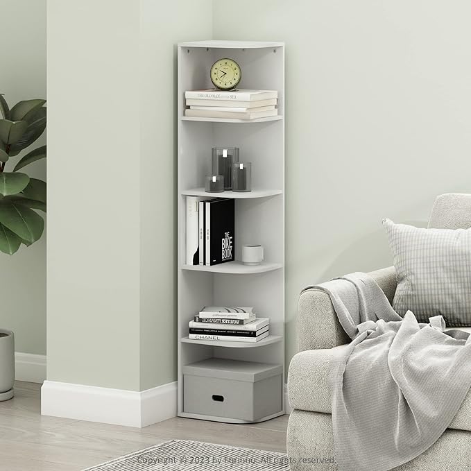Furinno PASIR Book Shelf, 5-Tier Corner Bookshelf with Open Shelf, Standing Bookcase, 9.3 x 12 x 51.7, for Organization and Storage, for Living Room, Bedroom, Home Office, White - Image 2