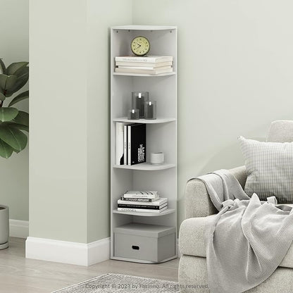 Furinno PASIR Book Shelf, 5-Tier Corner Bookshelf with Open Shelf, Standing Bookcase, 9.3 x 12 x 51.7, for Organization and Storage, for Living Room, Bedroom, Home Office, White - Image 2