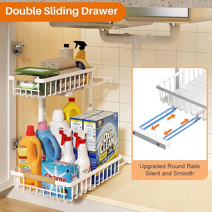 REALINN Under Sink Organizer, Height Adjustable 2 Tier Pull Out Cabinet Storage, L-Shaped Drawer Organizer for Kitchen Sink Organizer, Bathroom Organizers and Storage, Smooth Sliding Rails, White