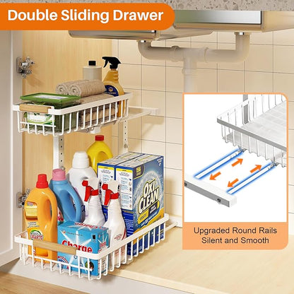 REALINN Under Sink Organizer, Height Adjustable 2 Tier Pull Out Cabinet Storage, L-Shaped Drawer Organizer for Kitchen Sink Organizer, Bathroom Organizers and Storage, Smooth Sliding Rails, White