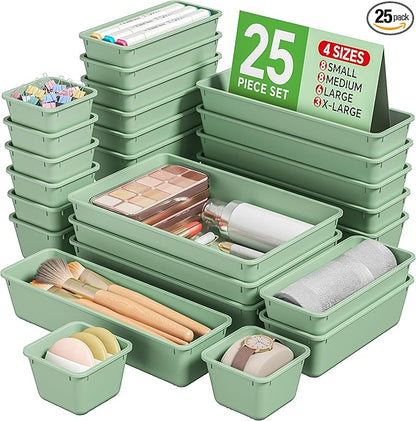 KEMETHY 25 PCS Plastic Drawer Organizers Set, 4 Sizes Vanity Organizer, Makeup and Desk Drawer Organizer Trays, Organization and Storage for Makeup, Bathroom, Kitchen Utensils and Office (Green) by KEMETHYFocusesonCreatingEfficientStorageProductswithQualityMaterials