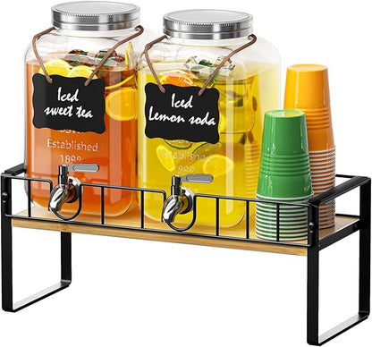 2-pack 1 Gallon Drink Dispenser,Glass Beverage Dispenser with Spigot,Lemonade dispenser Bamboo Stand for Outside, Glass Drink Dispensers for Parties with Ice Core by Zuyachuza