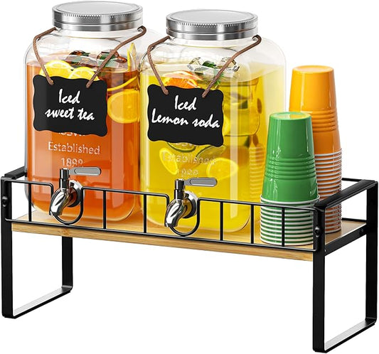 2-pack 1 Gallon Drink Dispenser,Glass Beverage Dispenser with Spigot,Lemonade dispenser Bamboo Stand for Outside, Glass Drink Dispensers for Parties with Ice Core by Zuyachuza