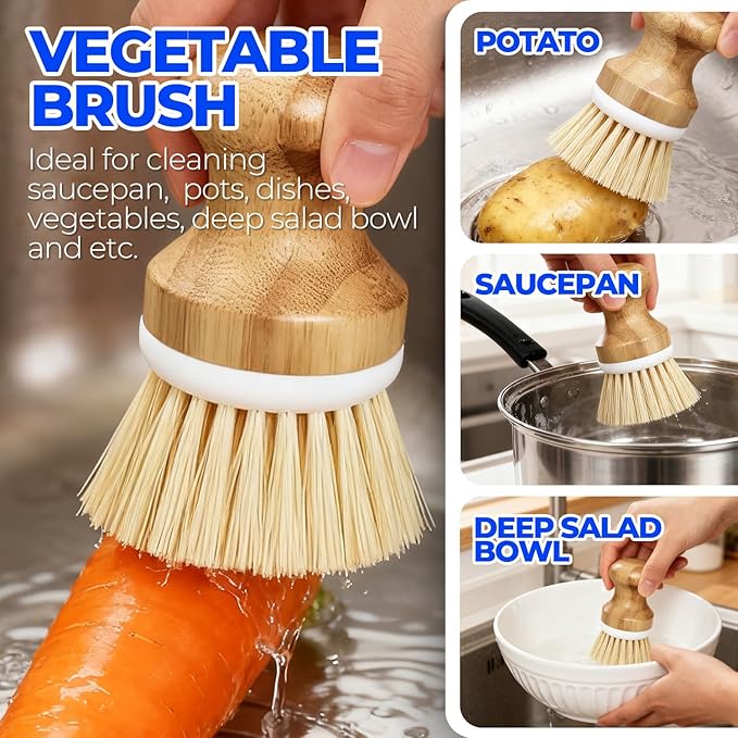 Holikme 6 Pack Dish Brush Scouring Pad Set with Bottle Brush, Dish Brush, Palm Scrub Brush and Straw Brush, Dish Scrubber Long Handle for Dish Bottle Cup Skillet Wok Pot Pan Cast Iron, Yellow - Image 2