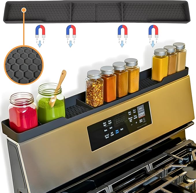 TEO Magnetic Stove Top Shelf - 30 Inch Silicone Over the Stove Spice Rack for Kitchen Gadgets Storage Organization, Heat-Resistant, No Installation, Dishwasher Safe, Over Oven Shelf Black