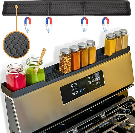TEO Magnetic Stove Top Shelf - 30 Inch Silicone Over the Stove Spice Rack for Kitchen Gadgets Storage Organization, Heat-Resistant, No Installation, Dishwasher Safe, Over Oven Shelf Black