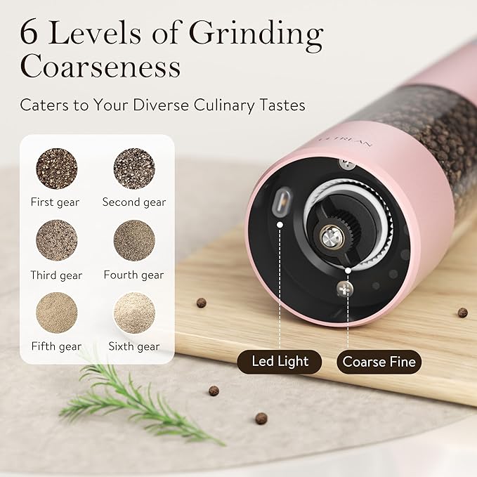 Ultrean Pepper Grinder, Rechargeable Salt and Pepper Grinder with 6 Adjustable Coarseness, LED Light, Automatic Grinder for Kitchen, Cooking Gifts for Women Valentines Day Gifts for Her, Pink - Image 3