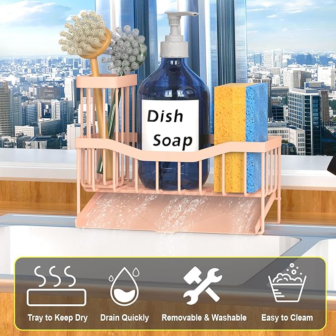 Fssvcd Maifan Sink Caddy Sponge Holder for Kitchen with Brush Holder and Stainless Steel Self Drain Tray, Rustproof Kitchen Sink Organizer for Sponge, Soap Dispenser Storage Accessories Pinky White - Image 3