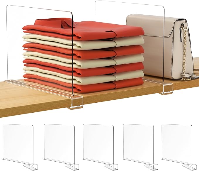 HBlife 5 Pack Clear Shelf Dividers, Vertical Purse Organizer for Closet Perfect for Sweater, Shirts, Handbags in Bedroom and Kitchen, Adjustable Acrylic Bookshelf for Organization by HBlife