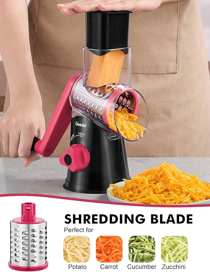 Geedel Rotary Cheese Grater, Kitchen Mandoline Vegetable Slicer with 3 Interchangeable Blades, Easy to Clean Rotary Grater Slicer for Fruit, Vegetables, Nuts - Image 4