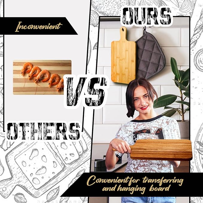 Nuenen 1 Pcs Wood Cutting Board with Handle Acacia Bamboo Wooden Serving Kitchen Chopping Boards for Pizza, Bread, Cheese, Charcuterie, Fruit, Vegetables (15.7 x 7.8 Inch,Acacia) - Image 5