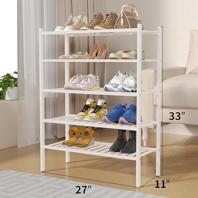 ROMGUAR CRAFT 5 Tier Bamboo Shoe Rack for Closet Free Standing Wood Shoe Shelf for Entryway Small Space Stackable 27"x11"x33" (White) - Image 3