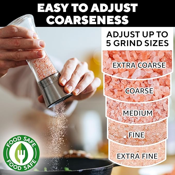 Premium Salt and Pepper Grinder Set of 2 - Two Refillable Stainless Steel Sea Salt & Spice Shakers with Adjustable Coarse Mills - Easy Clean Ceramic Grinders w/BONUS Silicone Funnel & Cleaning Brush - Image 2