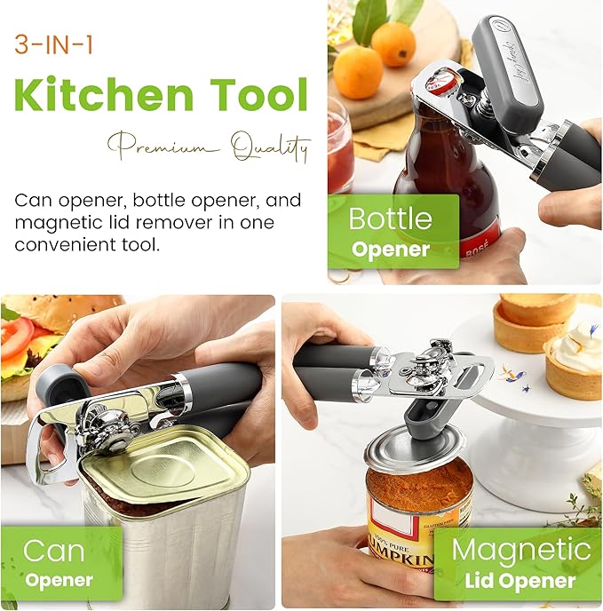 Spring Chef Stainless Steel Can Opener - Manual with Soft Grip Handles, Easy Turn, Heavy Duty Hand Can Openers for Seniors with Smooth Edge - Magnetic Lid Remover - Gray - Image 4