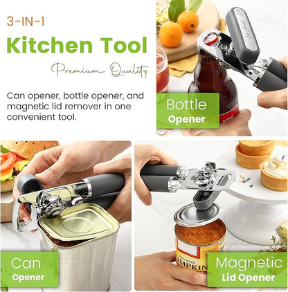 Spring Chef Stainless Steel Can Opener - Manual with Soft Grip Handles, Easy Turn, Heavy Duty Hand Can Openers for Seniors with Smooth Edge - Magnetic Lid Remover - Gray - Image 4